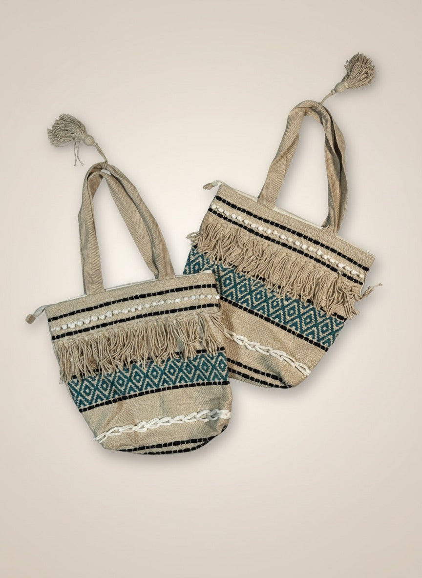 Handwoven Boho Jute Tote Bag with Fringe, Pom-Pom & Tribal Weave – Natural beige & Teal