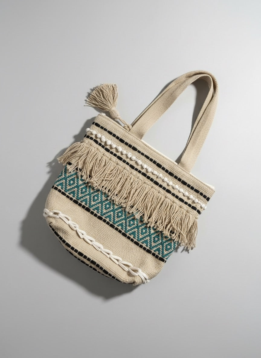 Handwoven Boho Jute Tote Bag with Fringe, Pom-Pom & Tribal Weave – Natural beige & Teal