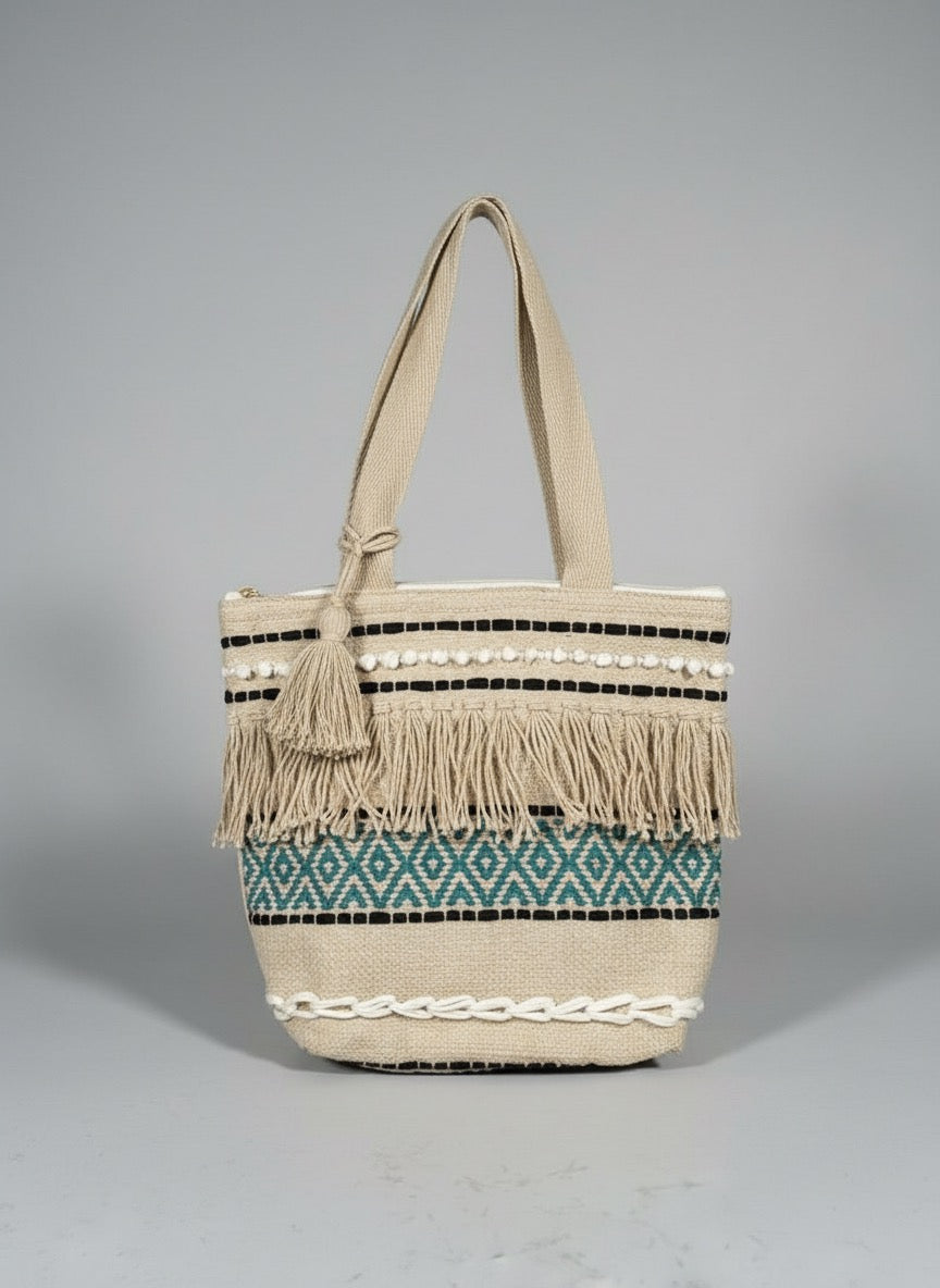 Handwoven Boho Jute Tote Bag with Fringe, Pom-Pom & Tribal Weave – Natural beige & Teal